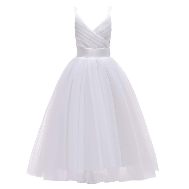 Glamulice Spaghetti Straps Lace Flower Girl Dress First Communion Kids Birthday Ball Gown Princess Bridesmaid Tulle Maxi Long A Line Pageant Wedding Party Dresses 8 White Girls Church Event Gowns - Image 1